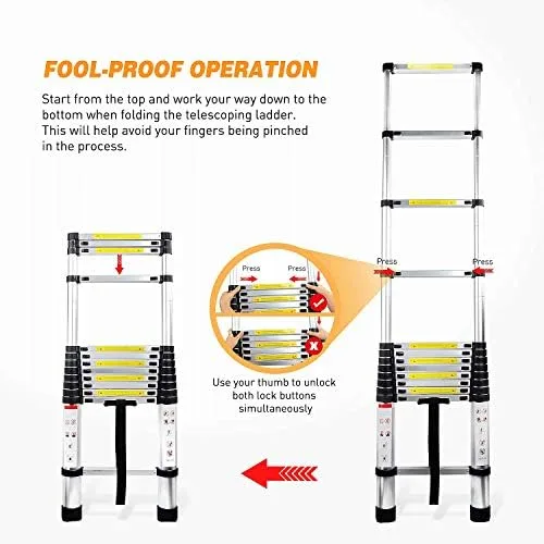 Yesker 12.5ft Telescoping Ladder Aluminum Telescopic Extension Multi Purpose Ladders EN131 Certified - Extendable with Spring Load Locking Mechanism Non-Slip - 330 lb Max Capacity, Silver/Black - Image 5