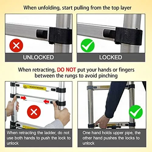 Telescoping Ladder 12.5FT Latest Stainless Steel Telescopic Extendable Ladder 3.8M Multi-Purpose Attic Ladder Heavy Duty EN131 Safe Standard Adjustable Height Easy to Carry Non-Slip 330lb Capacity - Image 6