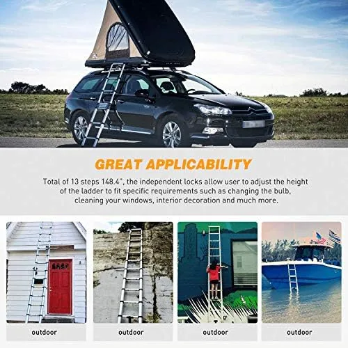 Yesker 12.5ft Telescoping Ladder Aluminum Telescopic Extension Multi Purpose Ladders EN131 Certified - Extendable with Spring Load Locking Mechanism Non-Slip - 330 lb Max Capacity, Silver/Black - Image 6