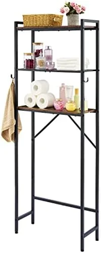 Hoctieon 3-Tier Over The Toilet Storage,Multifunctional Bathroom Organizer,Wood Bathroom Shelf, Metal Freestanding Toilet Rack with Hooks,Washroom Shelves, Space Saver, Rustic Brown - Image 2
