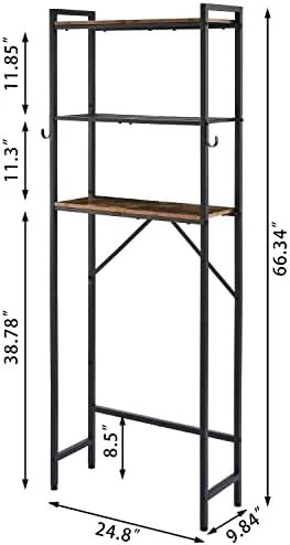 Hoctieon 3-Tier Over The Toilet Storage,Multifunctional Bathroom Organizer,Wood Bathroom Shelf, Metal Freestanding Toilet Rack with Hooks,Washroom Shelves, Space Saver, Rustic Brown - Image 8