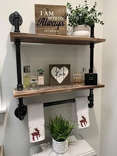 Industrial Pipe Shelf Bathroom Shelves Wall Mounted,19.6in Rustic Wood Shelf with Towel Bar,2 Tier Farmhouse Towel Rack Over Toilet,Pipe Shelving Floating Shelves Towel Holder,Retro Grey - Image 2