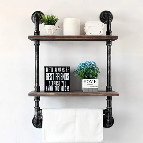 Industrial Pipe Shelf Bathroom Shelves Wall Mounted,19.6in Rustic Wood Shelf with Towel Bar,2 Tier Farmhouse Towel Rack Over Toilet,Pipe Shelving Floating Shelves Towel Holder,Retro Grey - Image 3