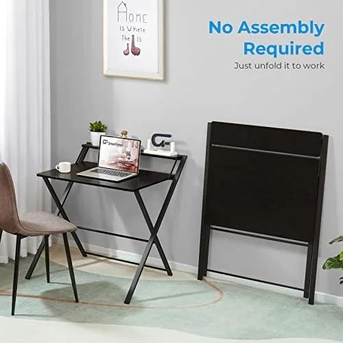 GreenForest Folding Desk No Assembly Required Fully Unfold 32 x 24.5 inch, Small Computer Desk with 2-Tier Shelf Laptop Foldable Table for Small Spaces, Black - Image 5