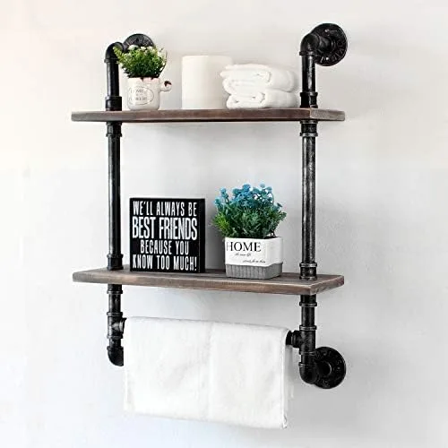 Industrial Pipe Shelf Bathroom Shelves Wall Mounted,19.6in Rustic Wood Shelf with Towel Bar,2 Tier Farmhouse Towel Rack Over Toilet,Pipe Shelving Floating Shelves Towel Holder,Retro Grey - Image 4