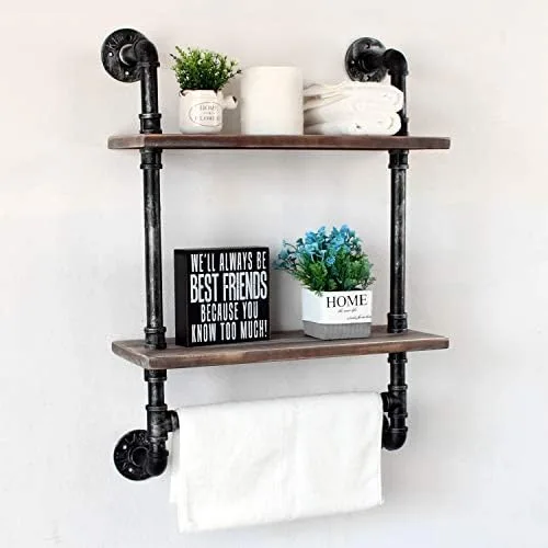 Industrial Pipe Shelf Bathroom Shelves Wall Mounted,19.6in Rustic Wood Shelf with Towel Bar,2 Tier Farmhouse Towel Rack Over Toilet,Pipe Shelving Floating Shelves Towel Holder,Retro Grey - Image 9