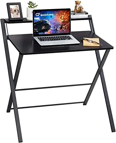 GreenForest Folding Desk No Assembly Required Fully Unfold 32 x 24.5 inch, Small Computer Desk with 2-Tier Shelf Laptop Foldable Table for Small Spaces, Black - Image 2