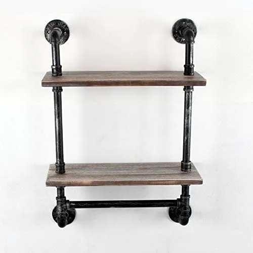Industrial Pipe Shelf Bathroom Shelves Wall Mounted,19.6in Rustic Wood Shelf with Towel Bar,2 Tier Farmhouse Towel Rack Over Toilet,Pipe Shelving Floating Shelves Towel Holder,Retro Grey - Image 8