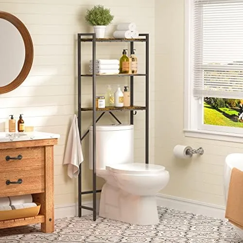 Hoctieon 3-Tier Over The Toilet Storage,Multifunctional Bathroom Organizer,Wood Bathroom Shelf, Metal Freestanding Toilet Rack with Hooks,Washroom Shelves, Space Saver, Rustic Brown - Image 3