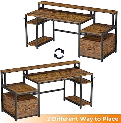 SEDETA Home Office Desk with File Drawer & Power Outlet, 66'' Computer Desk with Storage Shelves, Printer Cabinet and Monitor Shelf, Computer Table Writing Desk Workstation, Rustic Brown - Image 8