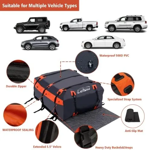 SJEhome 21 Cubic Feet Rooftop Cargo Carrier,Car Roof Bag for All Cars with/Without Rack,600D PVC Waterproof Car Roof Storage,Includes Anti-Slip Mat,6 Door Hooks,Adjustable Elasticity Car Cargo Net - Image 4