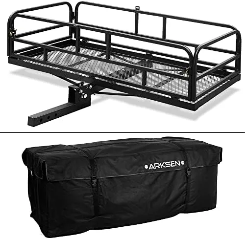 ARKSEN 60 x 24 Inch Folding Cargo Rack Carrier with Waterproof Cargo Bag 500 Lbs Heavy Duty Capacity 2 Inch Receiver Luggage Basket Hitch Fold Up for SUV Pickup Camping Traveling - Image 2