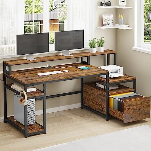 SEDETA Home Office Desk with File Drawer & Power Outlet, 66'' Computer Desk with Storage Shelves, Printer Cabinet and Monitor Shelf, Computer Table Writing Desk Workstation, Rustic Brown - Image 2