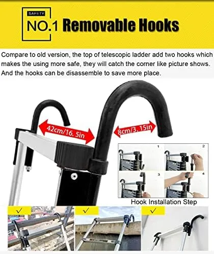 WAHHWF Aluminum Telescoping Ladder 23ft / 24ft / 26ft, Telescopic Ladder with Hook, Folding Extension Ladders for Home/Attic/RV/Outdoor Roof, Load 150kg (Size : 2.8m/9.2ft) - Image 3