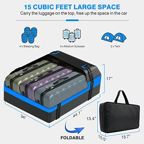 APTY Car Rooftop Cargo Bag Carrier, 15 Cubic Feet Soft Roof Top Luggage Bag for All Vechicles with/Without Racks - with Waterproof Zip, Luggage Lock, Anti-Slip Mat, Storage Bag, Door Hooks - Image 3
