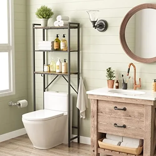 Hoctieon 3-Tier Over The Toilet Storage,Multifunctional Bathroom Organizer,Wood Bathroom Shelf, Metal Freestanding Toilet Rack with Hooks,Washroom Shelves, Space Saver, Rustic Brown - Image 6