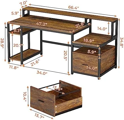 SEDETA Home Office Desk with File Drawer & Power Outlet, 66'' Computer Desk with Storage Shelves, Printer Cabinet and Monitor Shelf, Computer Table Writing Desk Workstation, Rustic Brown - Image 3