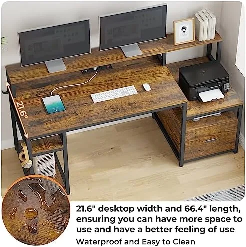 SEDETA Home Office Desk with File Drawer & Power Outlet, 66'' Computer Desk with Storage Shelves, Printer Cabinet and Monitor Shelf, Computer Table Writing Desk Workstation, Rustic Brown - Image 5