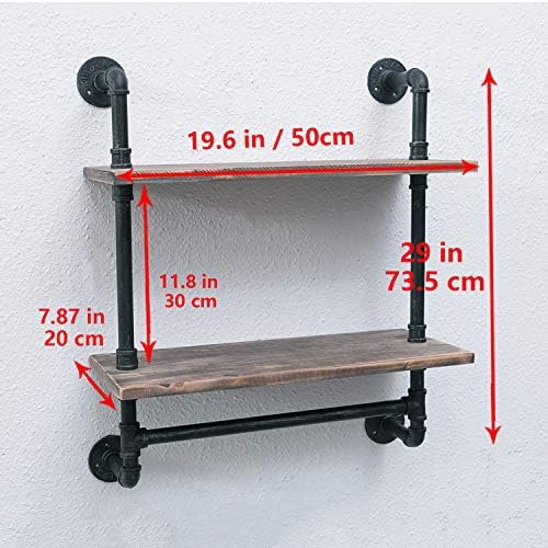 Industrial Pipe Shelf Bathroom Shelves Wall Mounted,19.6in Rustic Wood Shelf with Towel Bar,2 Tier Farmhouse Towel Rack Over Toilet,Pipe Shelving Floating Shelves Towel Holder,Retro Grey - Image 6