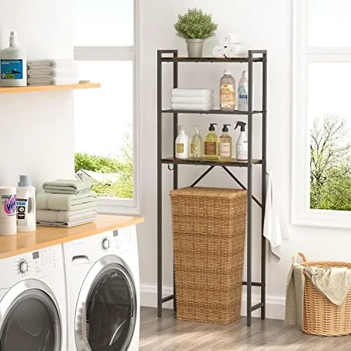 Hoctieon 3-Tier Over The Toilet Storage,Multifunctional Bathroom Organizer,Wood Bathroom Shelf, Metal Freestanding Toilet Rack with Hooks,Washroom Shelves, Space Saver, Rustic Brown - Image 5