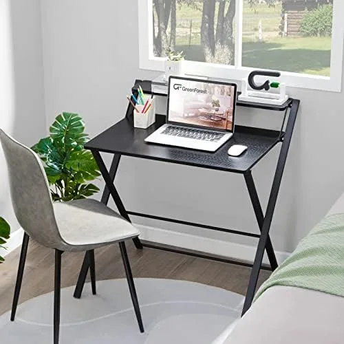 GreenForest Folding Desk No Assembly Required Fully Unfold 32 x 24.5 inch, Small Computer Desk with 2-Tier Shelf Laptop Foldable Table for Small Spaces, Black - Image 3