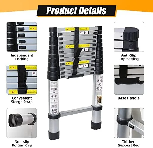 Telescoping Ladder, 12.5 Feet Telescopic Ladder Aluminum Extension Ladder with Locking Mechanism, Non-Slip Collapsible Ladders for Home, RV, Loft, 330 Lbs Capacity - Image 3