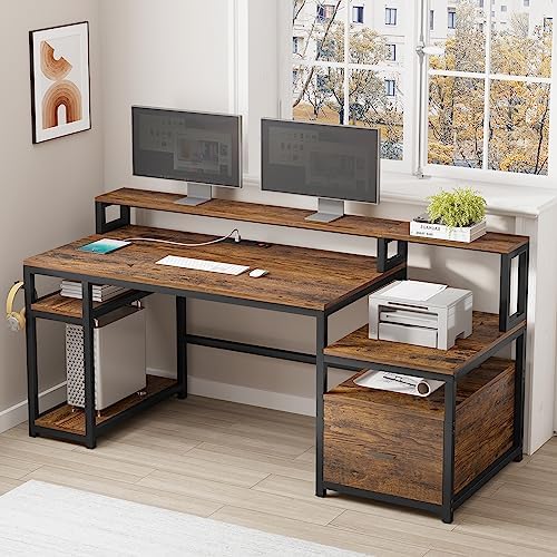 SEDETA Home Office Desk with File Drawer & Power Outlet, 66'' Computer Desk with Storage Shelves, Printer Cabinet and Monitor Shelf, Computer Table Writing Desk Workstation, Rustic Brown - Image 10