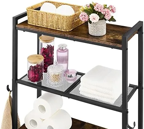 Hoctieon 3-Tier Over The Toilet Storage,Multifunctional Bathroom Organizer,Wood Bathroom Shelf, Metal Freestanding Toilet Rack with Hooks,Washroom Shelves, Space Saver, Rustic Brown - Image 9