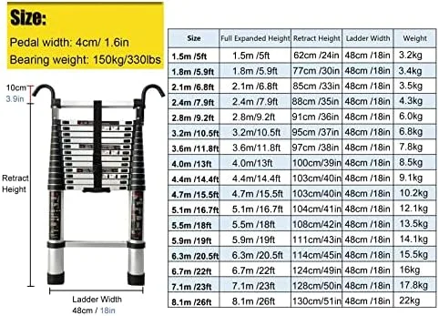 WAHHWF Aluminum Telescoping Ladder 23ft / 24ft / 26ft, Telescopic Ladder with Hook, Folding Extension Ladders for Home/Attic/RV/Outdoor Roof, Load 150kg (Size : 2.8m/9.2ft) - Image 8