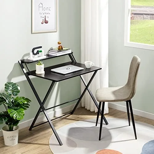 GreenForest Folding Desk No Assembly Required Fully Unfold 32 x 24.5 inch, Small Computer Desk with 2-Tier Shelf Laptop Foldable Table for Small Spaces, Black - Image 10