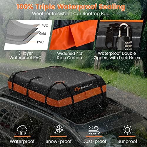 Goplus Rooftop Cargo Carrier, 15 Cubic Feet 100% Waterproof 840D Rooftop Cargo Bag for All Vehicles with/Without Rack, Car Roof Rack Luggage Carrier w/Lock,Non-Slip Mat,6 Door Hooks, 10 Straps for SUV - Image 3