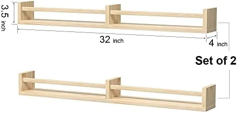 Classic Nursery Shelves, Set of 2 Natural Wood Floating Book Shelves for Kids Room, Wall Shelves for Bathroom Decor, Kitchen Spice Rack, Book Shelf Organizer for Baby Nursery Décor (32Lx4W) - Image 8