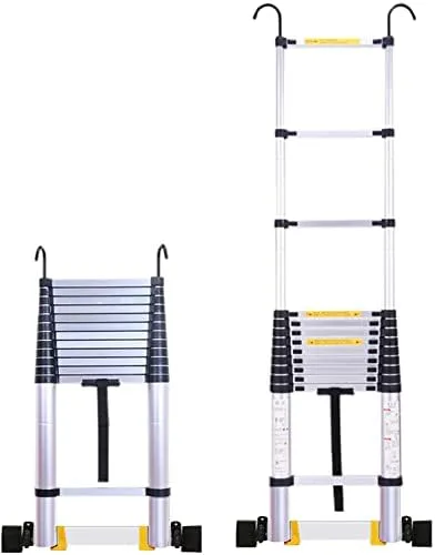 BALAMI 2.6m/3.2m/3.8m/5m/6.2m Aluminium Telescoping Ladder with Hooks & Wheels Extra Wide Extension Step Ladder for Attic & Outdoor Building Convenient (Size : 3.8m/12.4ft) - Image 3