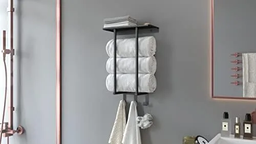 Towel Racks for Bathroom, BETHOM Towel Rack with Metal Shelf and 3 Hooks for Small Bathroom, Towel Storage Wall Can Holds Up to 3 Large Size(63x40 inch) of Rolled Towels, Black - Image 3