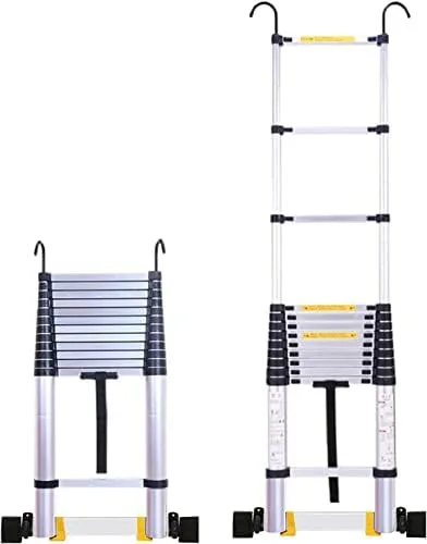 BALAMI 2.6m/3.2m/3.8m/5m/6.2m Aluminium Telescoping Ladder with Hooks & Wheels Extra Wide Extension Step Ladder for Attic & Outdoor Building Convenient (Size : 3.8m/12.4ft) - Image 2