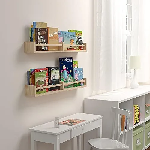 Classic Nursery Shelves, Set of 2 Natural Wood Floating Book Shelves for Kids Room, Wall Shelves for Bathroom Decor, Kitchen Spice Rack, Book Shelf Organizer for Baby Nursery Décor (32Lx4W) - Image 4