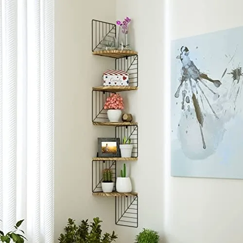 Love-KANKEI Corner Shelf Wall Mount of 5 Tier Rustic Wood Floating Shelves Wall Shelves for Bedroom Living Room Bathroom Kitchen Office and More Carbonized Black - Image 3