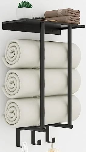 Towel Racks for Bathroom, BETHOM Towel Rack with Metal Shelf and 3 Hooks for Small Bathroom, Towel Storage Wall Can Holds Up to 3 Large Size(63x40 inch) of Rolled Towels, Black - Image 2