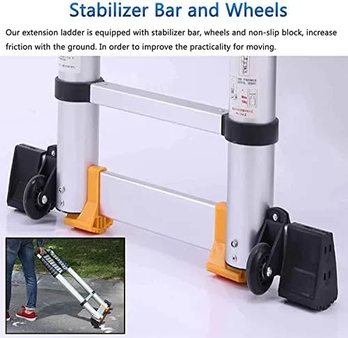 BALAMI 2.6m/3.2m/3.8m/5m/6.2m Aluminium Telescoping Ladder with Hooks & Wheels Extra Wide Extension Step Ladder for Attic & Outdoor Building Convenient (Size : 3.8m/12.4ft) - Image 9