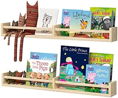 Classic Nursery Shelves, Set of 2 Natural Wood Floating Book Shelves for Kids Room, Wall Shelves for Bathroom Decor, Kitchen Spice Rack, Book Shelf Organizer for Baby Nursery Décor (32Lx4W) - Image 2