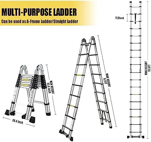 Wolec 18.5FT Telescoping A Frame Ladder with Stabilizer Bar Wheels,Portable Multi-Purpose Collapsible Ladder for Roof Ceiling Household Use - Image 4