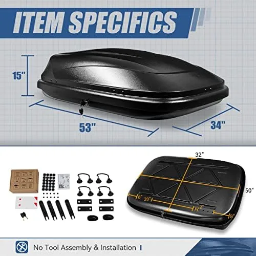 Auto Dynasty Heavy Duty Hard Shell Roof Top Mount Car Storage Travel Luggage Box Cargo Carrier with Security Keys, 53 (L) x 34 (W) x 15 (H) Inches, Capacity 110 Pounds 11 Cubic Feet Tool-Free Install - Image 6