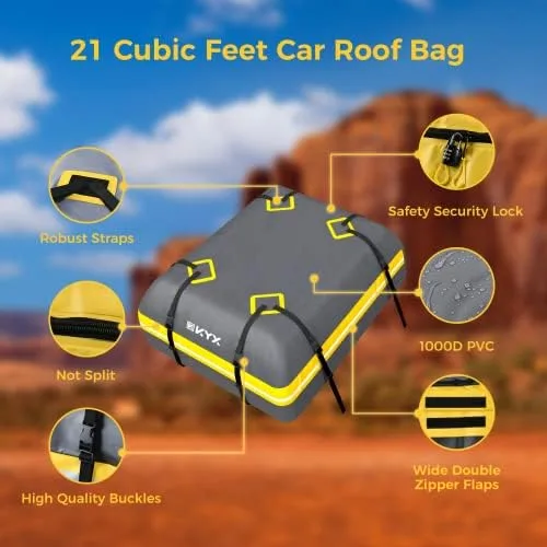 Rooftop Cargo Carrier Bag - KYX 21 Cubic Feet Waterproof Car Roof Bag, Roof Rack Cargo Carrier for All Vehicle with/Without Rack, Car Roof Storage with Anti-Slip Mat, 8 Straps, 4 Door Hooks, Lock - Image 4