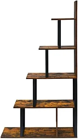 LEEMTORIG Corner Bookshelf Bookcase, Industrial 5-Tier 10 Shelfs Ladder Open Shelves Office Bookshelves, Stepped Storage Display Rack with Metal Frame for Living Room, Rustic Brown, TSJ-21406-RC - Image 6