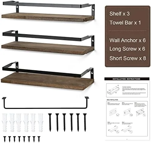 Set of 3, Wall Floating Bathroom Shelves with 1 Towel Bar - Wall Mounted Hanging Shelf for Bedroom, Living Room, Kitchen Storage Organizer - Rustic Farmhouse Bathroom Home Decor Clearance - Dark Brown - Image 8