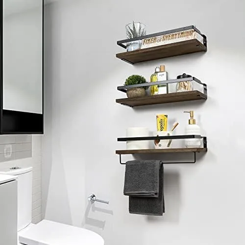Set of 3, Wall Floating Bathroom Shelves with 1 Towel Bar - Wall Mounted Hanging Shelf for Bedroom, Living Room, Kitchen Storage Organizer - Rustic Farmhouse Bathroom Home Decor Clearance - Dark Brown - Image 4