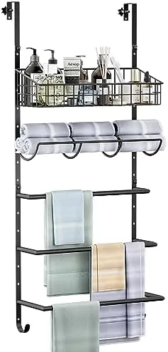 X-cosrack Adjustable Towel Racks for Bathroom Door Hanging, 5 Tiers Over The Door Towel Rack with Hooks, Bathroom Towel Holder Wall Mount for organizing Towels, Clothes(Black) - Image 2