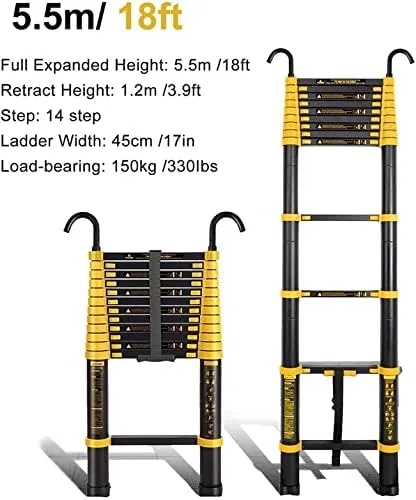 BALAMI Telescoping Ladder with Detachable Hooks 6m/5m/4m/3m/2m Aluminum Black Folding Extension Ladders for RV/Rooftop Tent/Attic/Outdoor Work Loads 150kg Convenient (Size : 5.5m/18ft) - Image 6