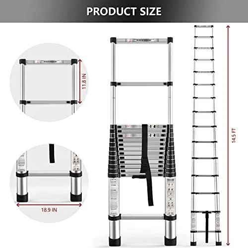 findmall 14.5FT / 4.4M Aluminum Telescopic Ladder Folding Step Inward Sliding Retraction Extension Ladder Multi-Use Non-Slip Collapsible Ladder - Image 3