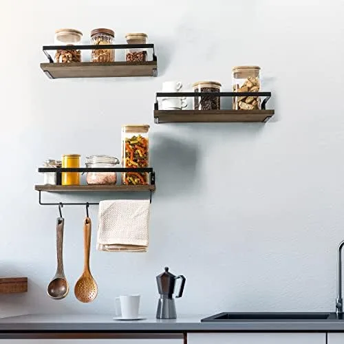 Set of 3, Wall Floating Bathroom Shelves with 1 Towel Bar - Wall Mounted Hanging Shelf for Bedroom, Living Room, Kitchen Storage Organizer - Rustic Farmhouse Bathroom Home Decor Clearance - Dark Brown - Image 5